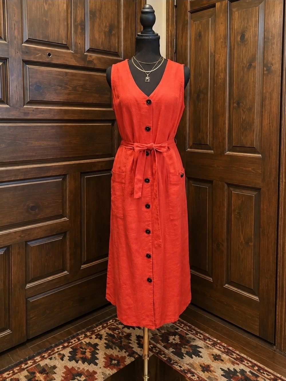 J. Jill Vibrant Red Button-Front Tie-Waist Midi Dress